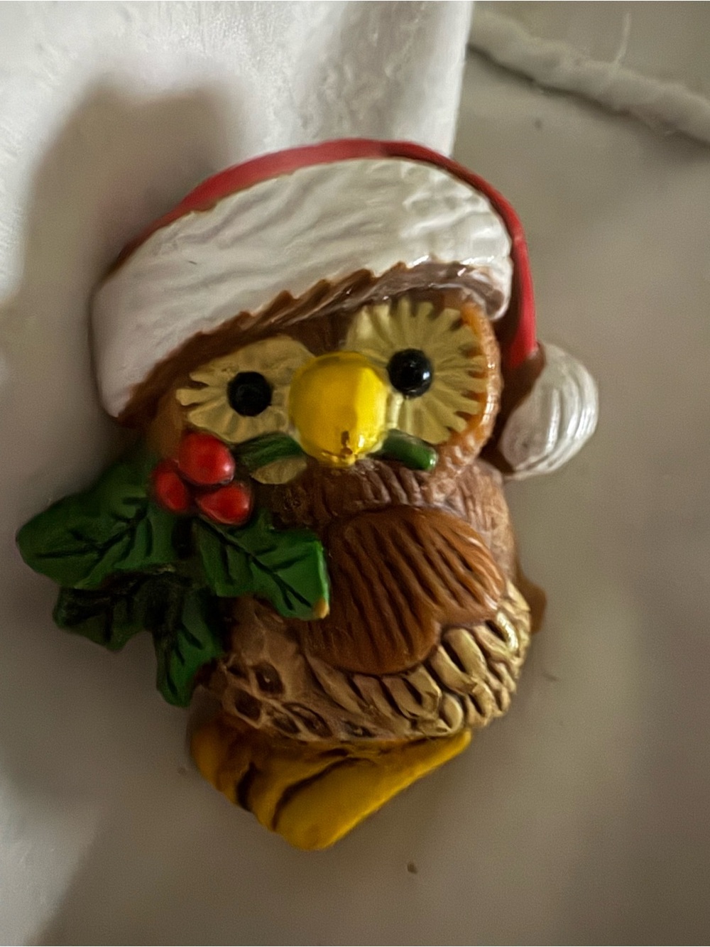 Hallmark Brown Owl Brooch with Red Santa Hat and Green Holly